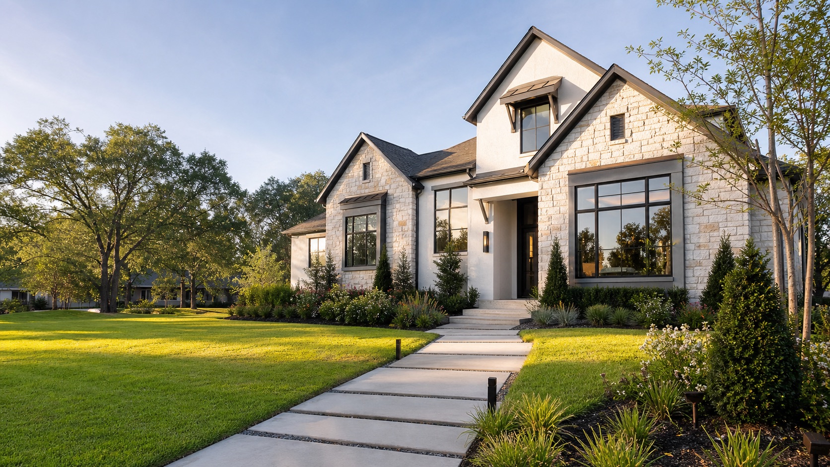 Luxury Houston home exterior with warm landscaping, representing the goal of first-time homeownership